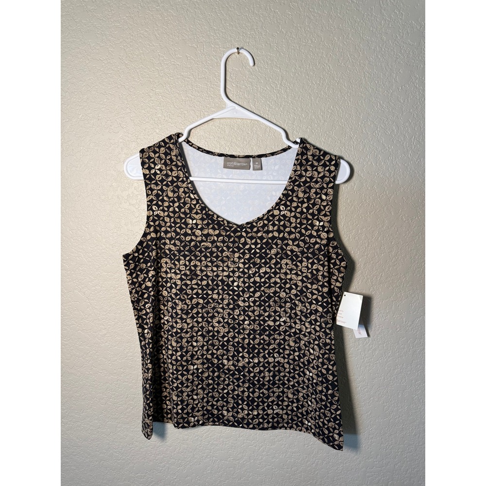 Croft & Barrow Womens Black Tan Geometric Leaf Print V-Neck Tank Top NWT M